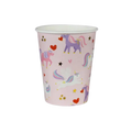 Pink unicorn paper cup with hearts and stars birthday theme from Parte Haus party supply store in Bethesda Maryland