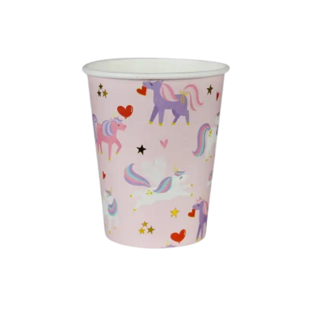 Pink unicorn paper cup with hearts and stars birthday theme from Parte Haus party supply store in Bethesda Maryland