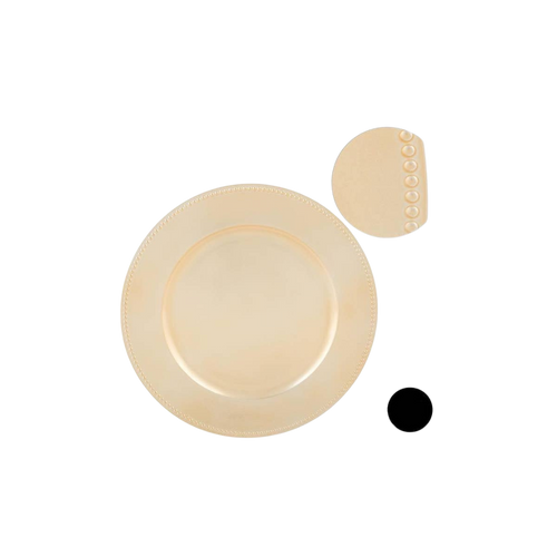 Gold round plate with beaded edge elegant charger for wedding from Parte Haus party supply store in Bethesda MD.