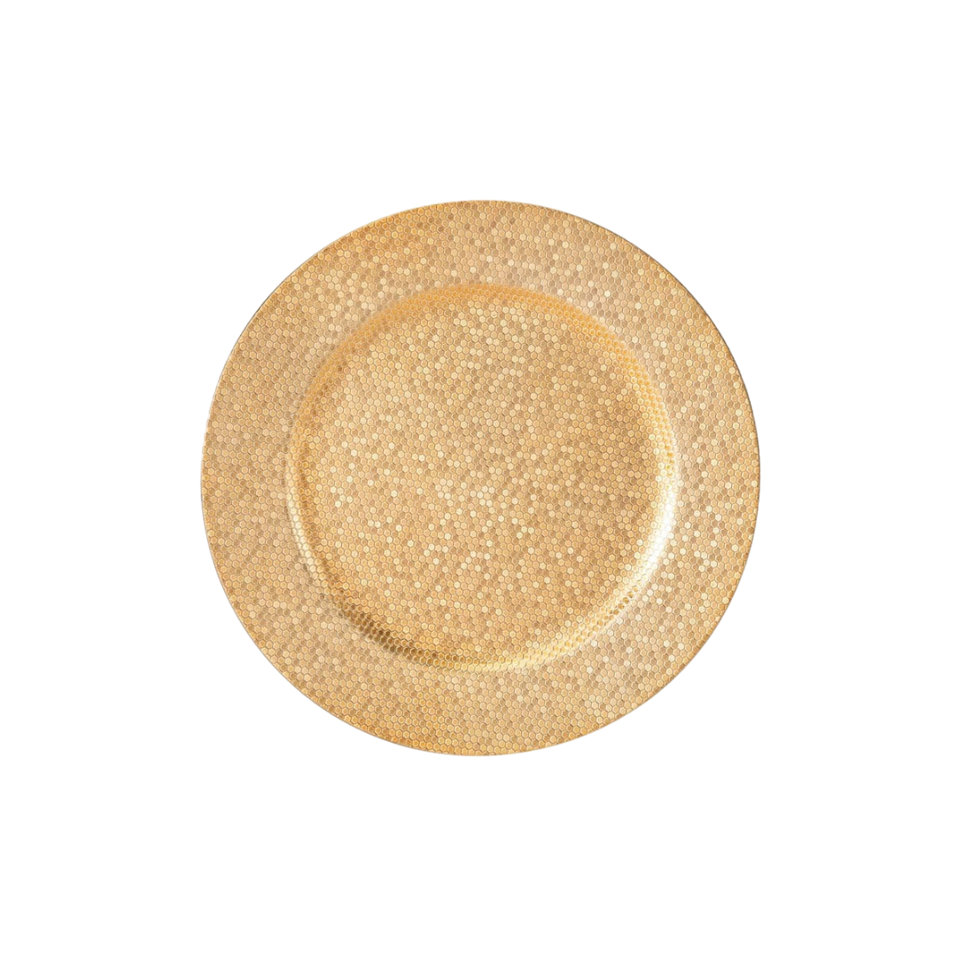 Gold sequin plate round charger for celebration from Parte Haus party supply store in Bethesda Maryland