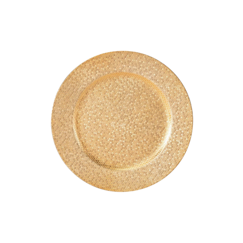 Gold sequin plate round charger for celebration from Parte Haus party supply store in Bethesda Maryland