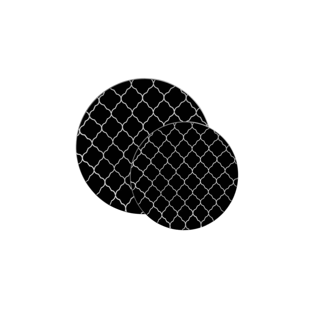Black and white patterned paper plates modern grid design for birthday from Parte Haus party supply store in Bethesda Maryland
