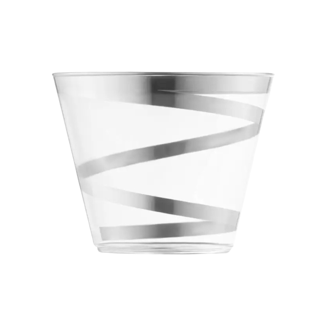 Silver swirl plastic cup with modern stripe design for celebrations from Parte Haus party supply store in Bethesda Maryland