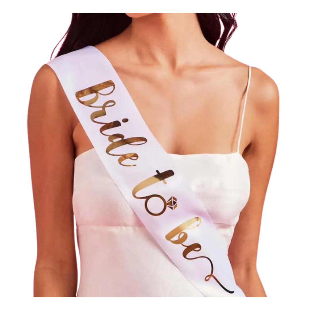 White gold bride to be sash with diamond print for bridal shower from Parte Haus party supply store in Bethesda Maryland