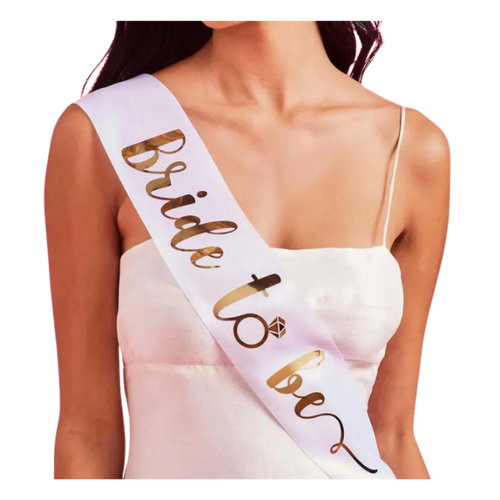 White gold bride to be sash with diamond print for bridal shower from Parte Haus party supply store in Bethesda Maryland