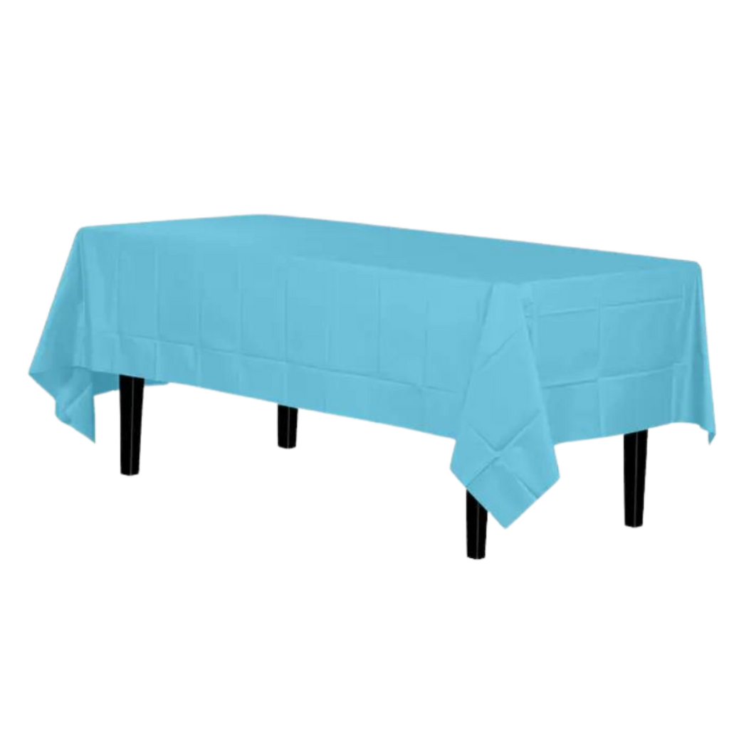 Light blue rectangular table cover for birthday celebration from Parte Haus party supply store in Bethesda MD.