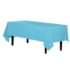 Light blue rectangular table cover for birthday celebration from Parte Haus party supply store in Bethesda MD.