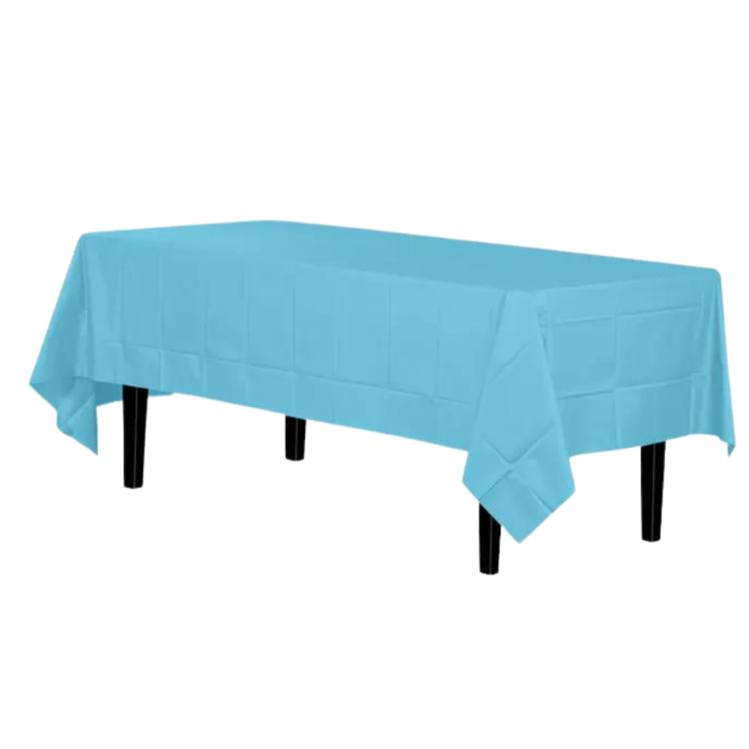 Light blue rectangular table cover for birthday celebration from Parte Haus party supply store in Bethesda MD.