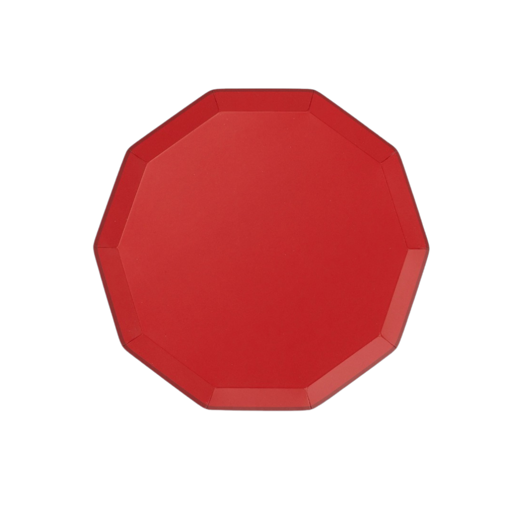 Red octagon plate with glossy finish tableware for birthdays from Parte Haus party supply store in Bethesda MD