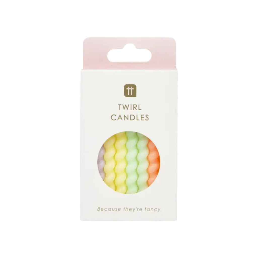 Pastel rainbow twirl candles in a box birthday celebration from Parte Haus party supply store in Bethesda Maryland