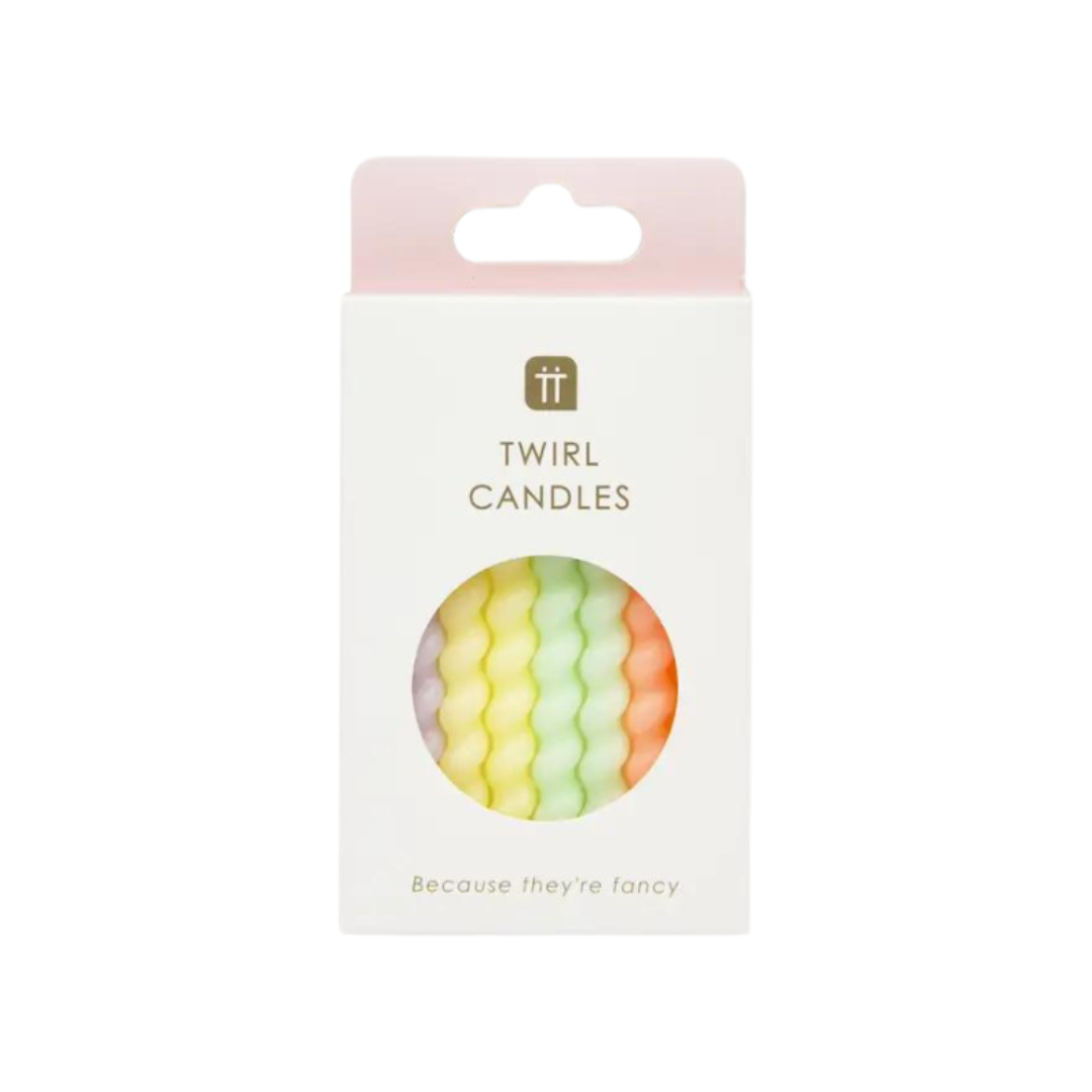 Pastel rainbow twirl candles in a box birthday celebration from Parte Haus party supply store in Bethesda Maryland