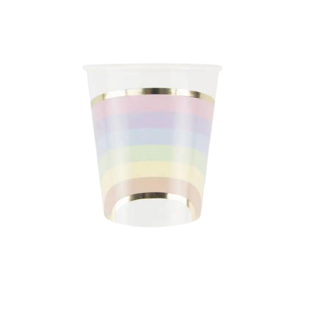 Pastel rainbow striped plastic cup with gold trim for birthday from Parte Haus party supply store in Bethesda MD