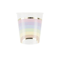 Pastel rainbow striped plastic cup with gold trim for birthday from Parte Haus party supply store in Bethesda MD