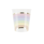 Pastel rainbow striped plastic cup with gold trim for birthday from Parte Haus party supply store in Bethesda MD