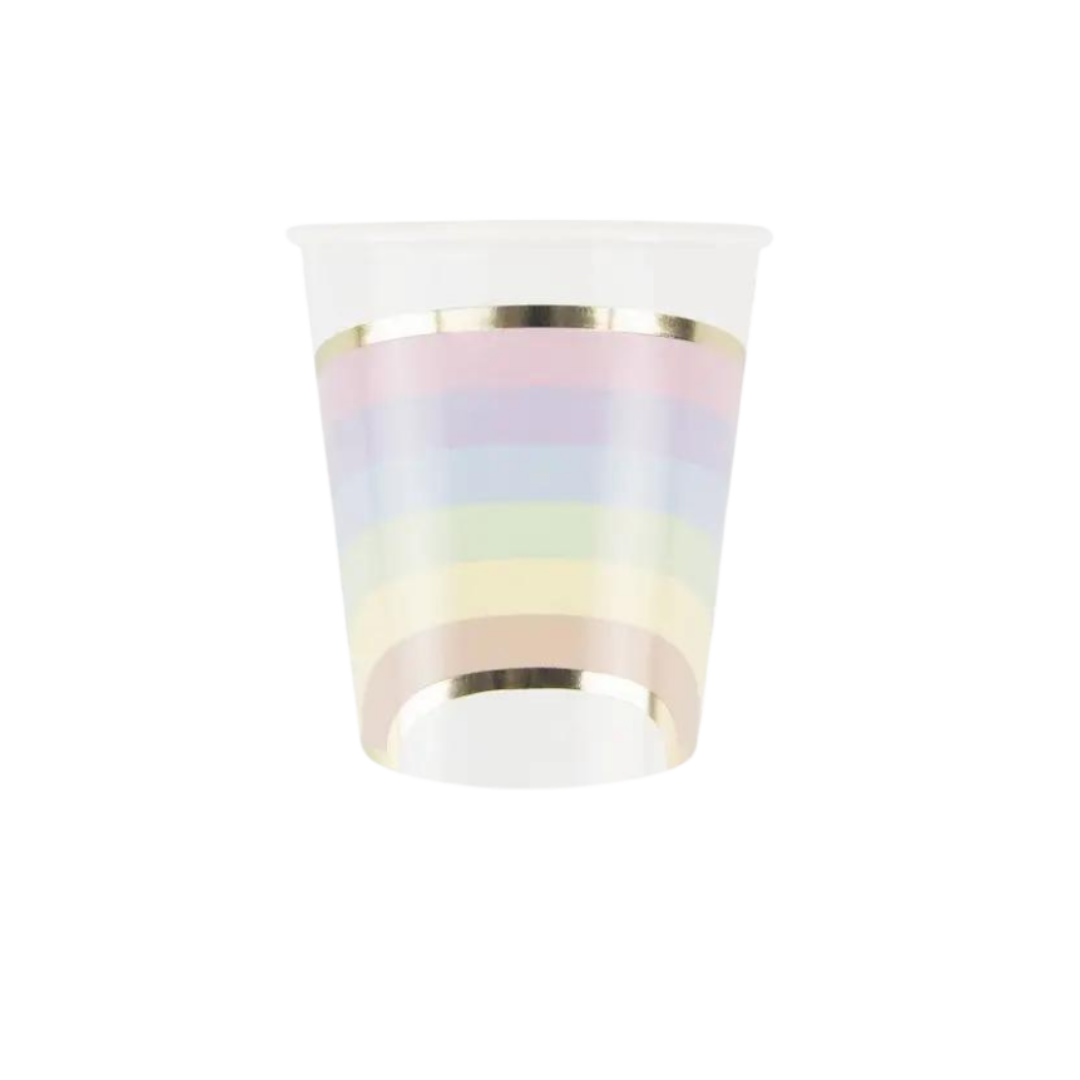 Pastel rainbow striped plastic cup with gold trim for birthday from Parte Haus party supply store in Bethesda MD