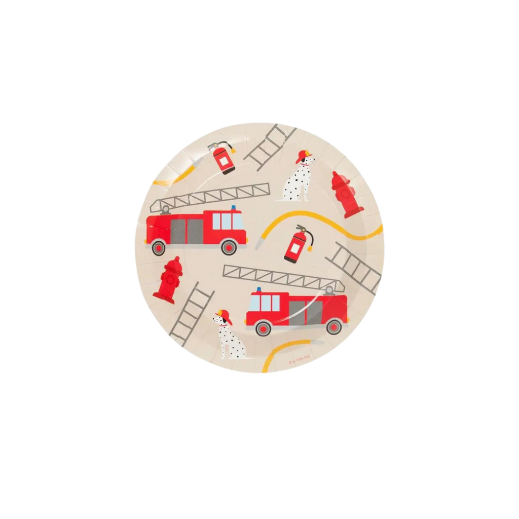 Red fire truck paper plate with ladder hydrant and Dalmatian firehouse theme from Parte Haus party supply store in Bethesda MD