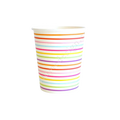 Rainbow striped paper cup with colorful horizontal lines birthday from Parte Haus party supply store in Bethesda MD.