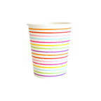 Rainbow striped paper cup with colorful horizontal lines birthday from Parte Haus party supply store in Bethesda MD.