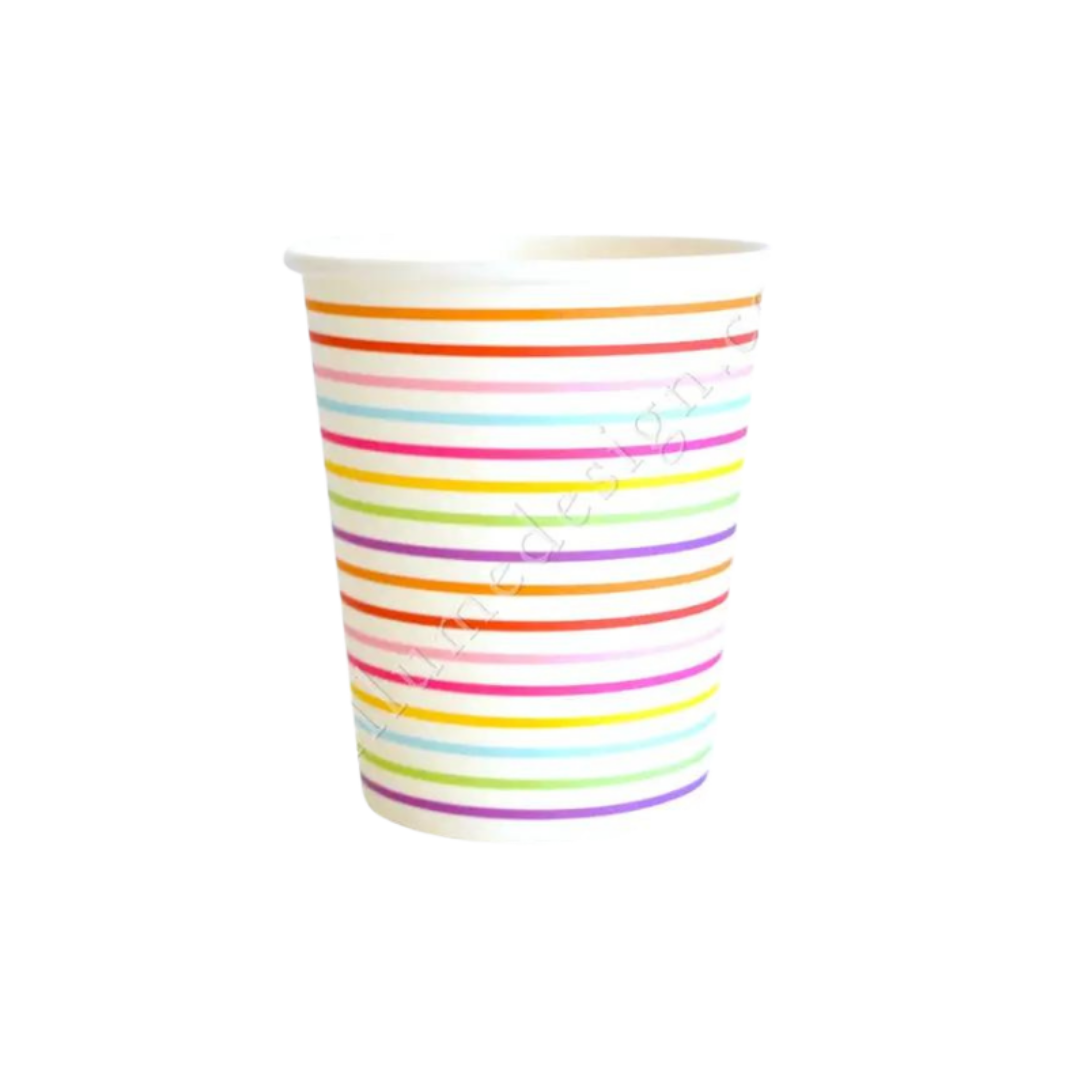 Rainbow striped paper cup with colorful horizontal lines birthday from Parte Haus party supply store in Bethesda MD.