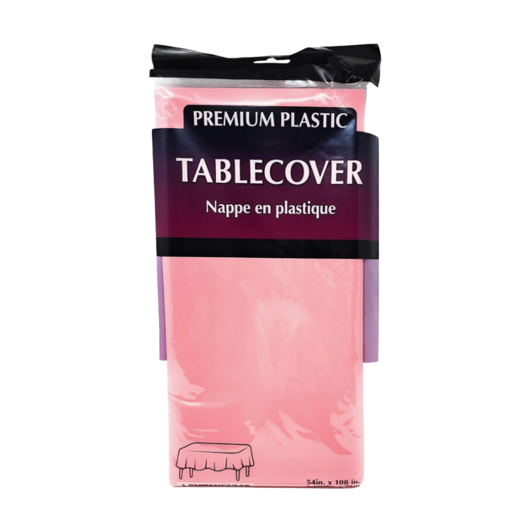 Pink plastic tablecover in packaging for birthday or event from Parte Haus party supply store in Bethesda Maryland