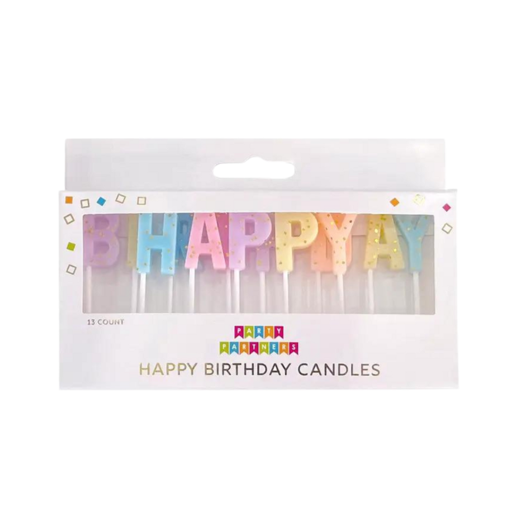 Pastel rainbow Happy Birthday letter candles for birthday cake celebration from Parte Haus party supply store in Bethesda Maryland