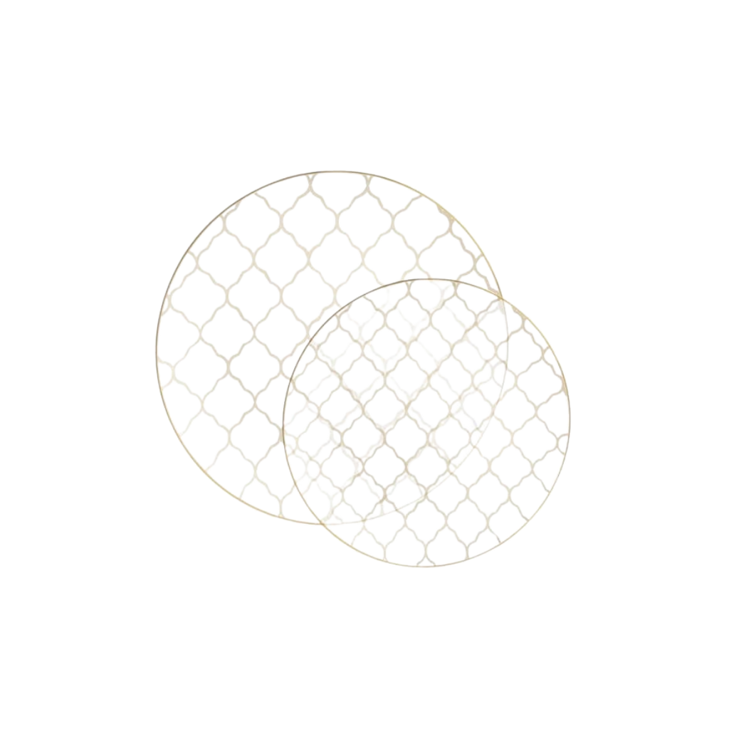 White lattice print round plates elegant tableware for any event from Parte Haus party supply store in Bethesda Maryland