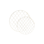 White lattice print round plates elegant tableware for any event from Parte Haus party supply store in Bethesda Maryland