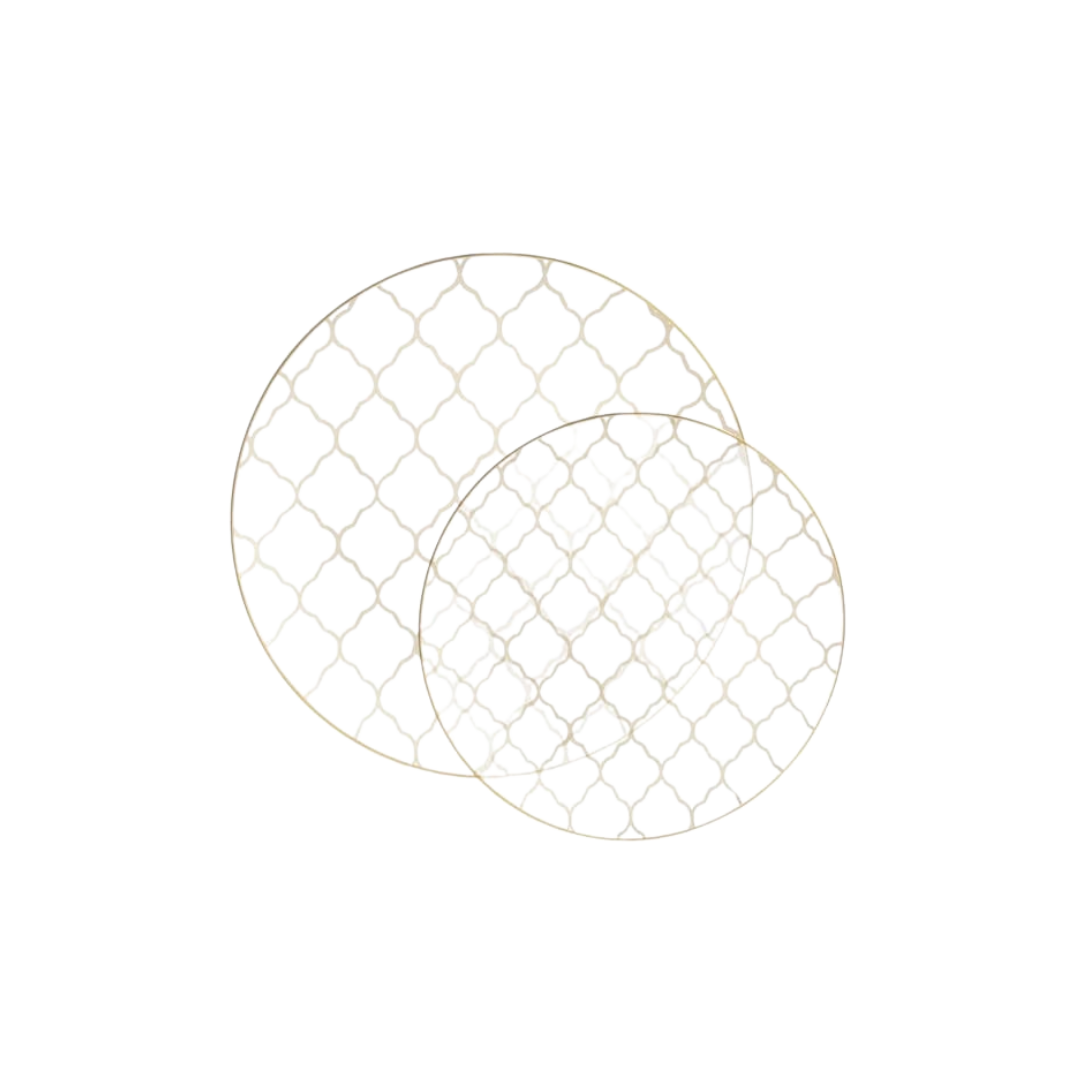 White lattice print round plates elegant tableware for any event from Parte Haus party supply store in Bethesda Maryland