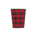 red and black plaid paper cup with classic checkered design for lumberjack themed events from Parte Haus party supply store in Bethesda Maryland