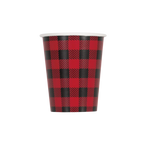 red and black plaid paper cup with classic checkered design for lumberjack themed events from Parte Haus party supply store in Bethesda Maryland