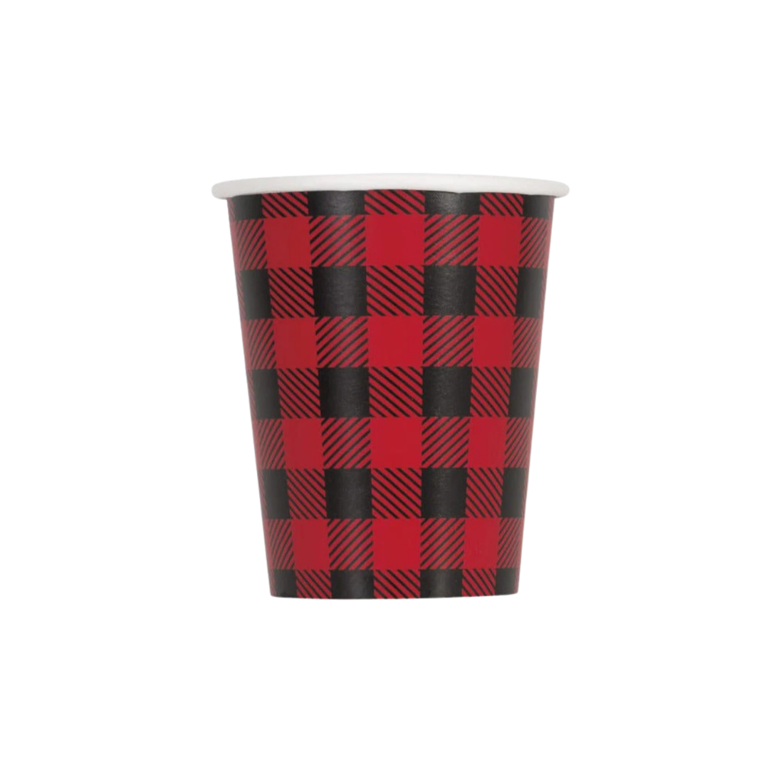 red and black plaid paper cup with classic checkered design for lumberjack themed events from Parte Haus party supply store in Bethesda Maryland