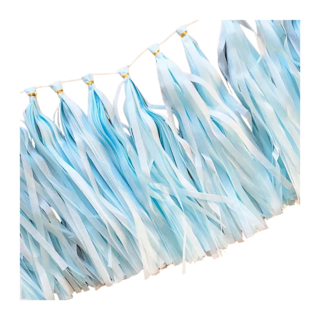 Blue and white tassel garland for birthday from Parte Haus party supply store in Bethesda MD