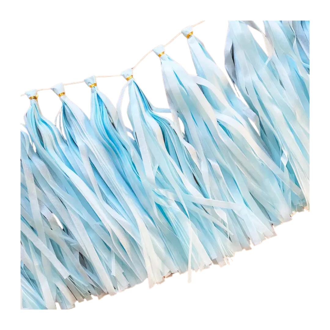 Blue and white tassel garland for birthday from Parte Haus party supply store in Bethesda MD