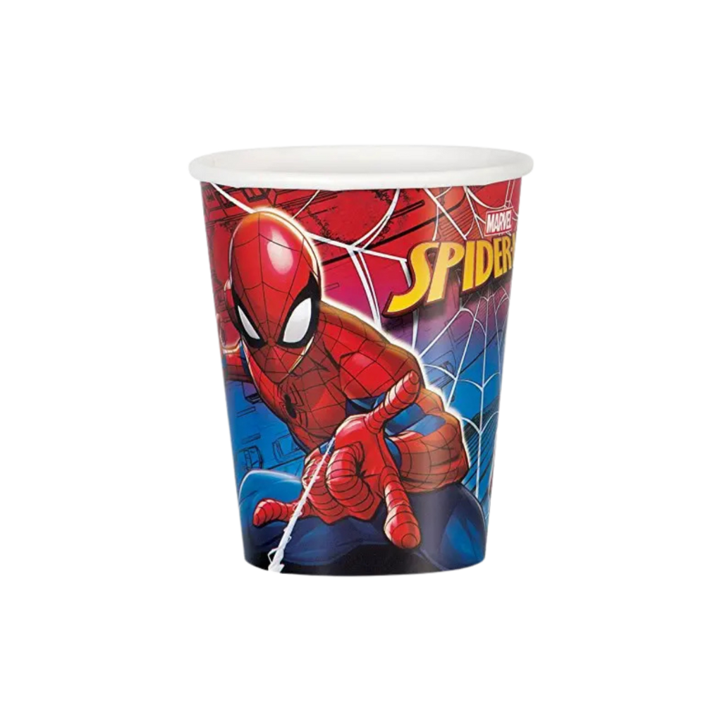 Red blue Spider Man paper cup with comic web design superhero birthday from Parte Haus party supply store in Bethesda MD.