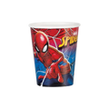 Red blue Spider Man paper cup with comic web design superhero birthday from Parte Haus party supply store in Bethesda MD.