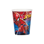 Red blue Spider Man paper cup with comic web design superhero birthday from Parte Haus party supply store in Bethesda MD.