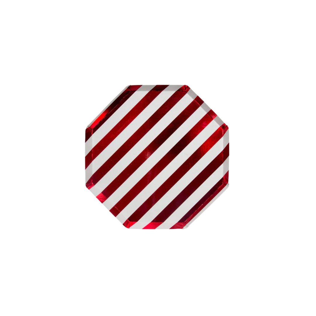 Red and white striped octagon plate Christmas theme from Parte Haus party supply store in Bethesda MD