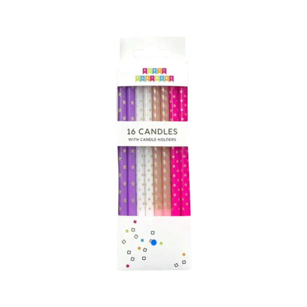 Purple pink and gold birthday candles with star and dot patterns from Parte Haus party supply store in Bethesda MD