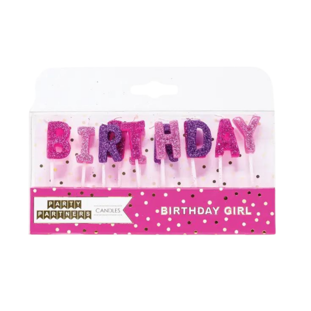 Pink and purple birthday girl glitter candles for birthday theme from Parte Haus party supply store in Bethesda MD