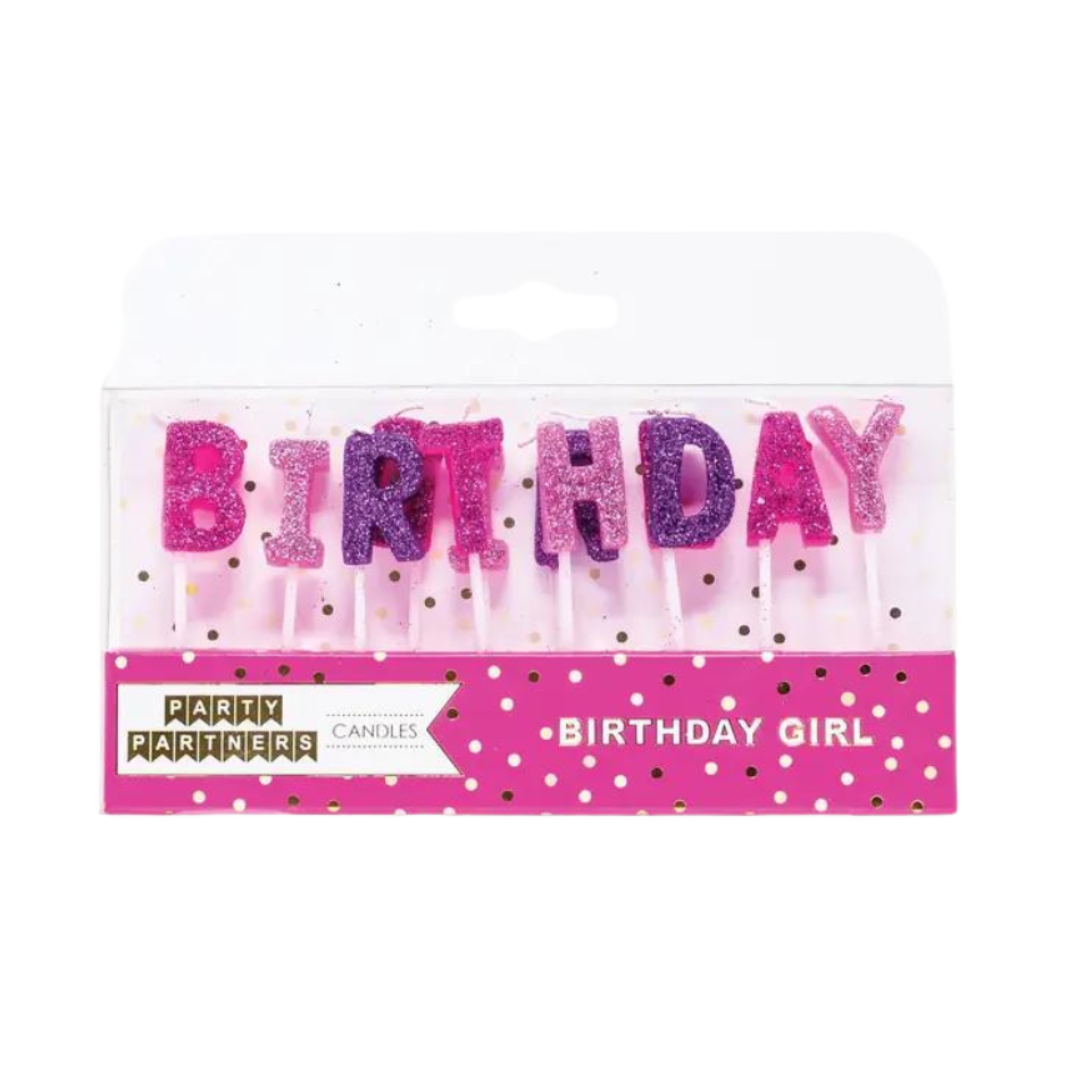 Pink and purple birthday girl glitter candles for birthday theme from Parte Haus party supply store in Bethesda MD