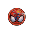 Red Spiderman paper plate with web and city design for superhero birthday from Parte Haus party supply store in Bethesda MD