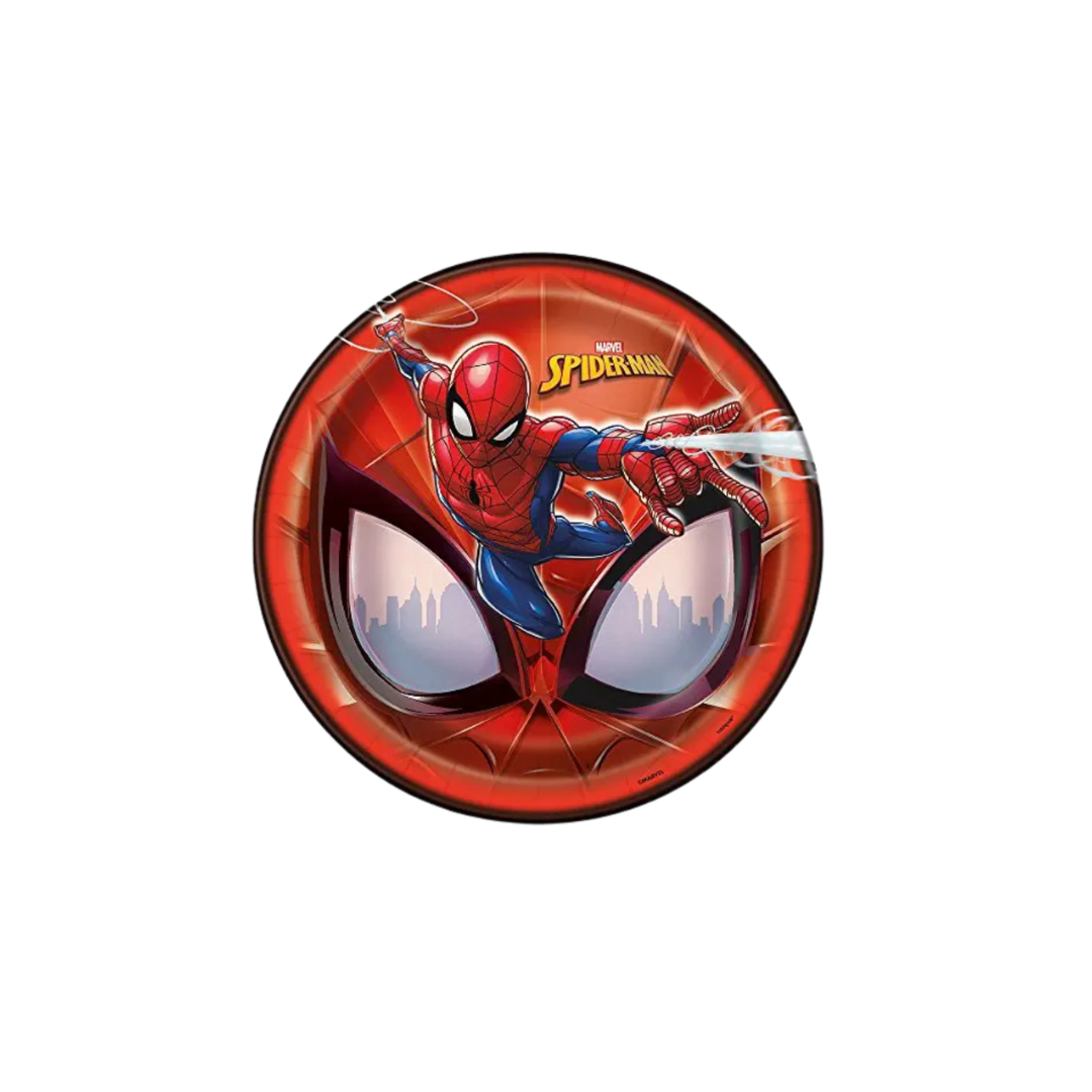 Red Spiderman paper plate with web and city design for superhero birthday from Parte Haus party supply store in Bethesda MD