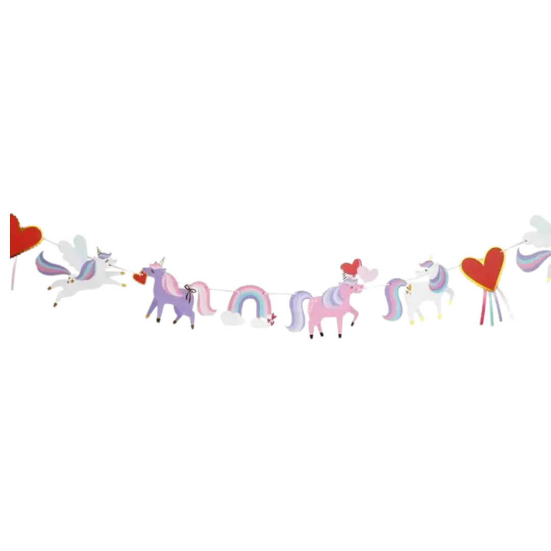 Pastel unicorn and rainbow paper banner unicorn birthday decor from Parte Haus party supply store in Bethesda MD