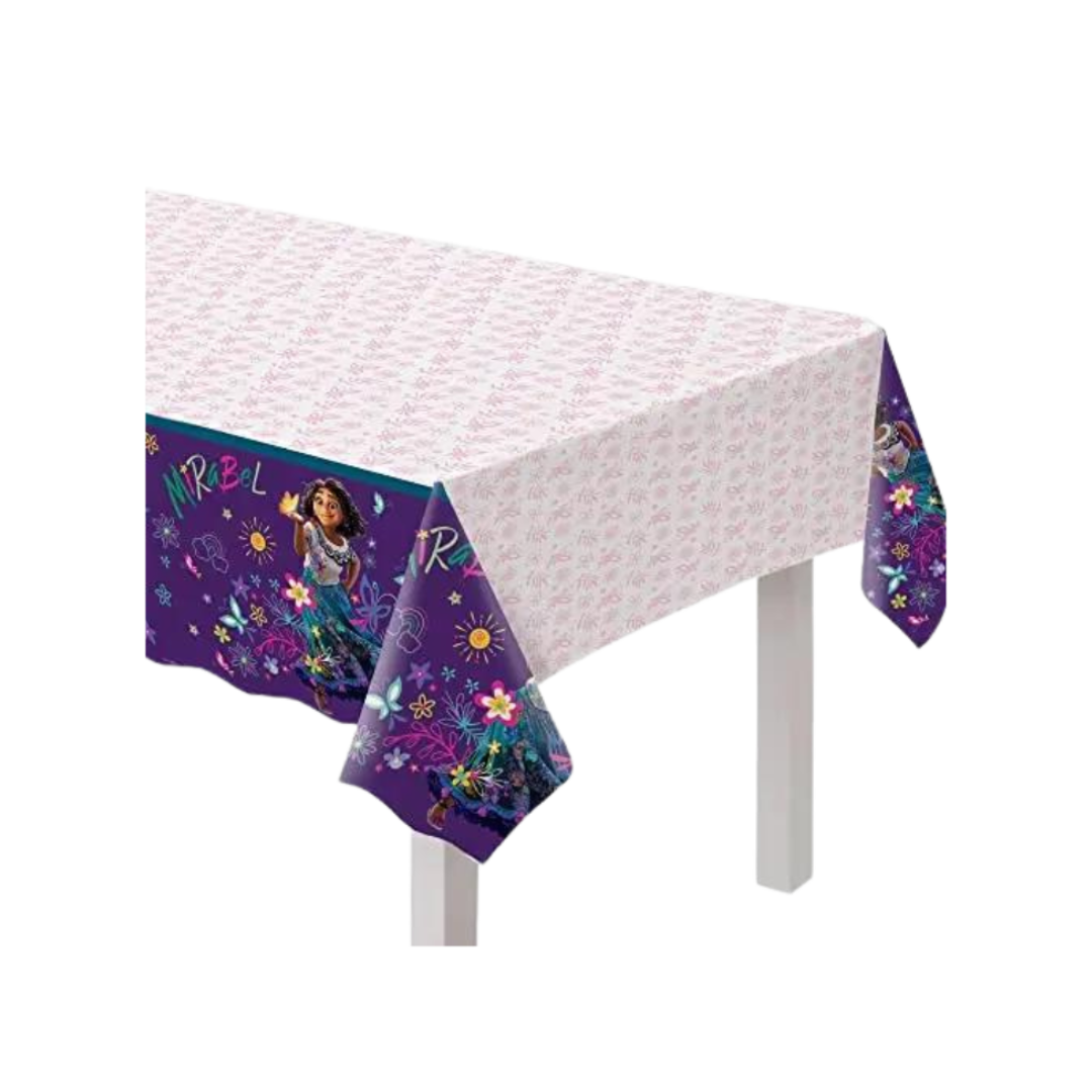 Purple and pink Encanto table cover with Mirabel character for birthday from Parte Haus party supply store in Bethesda Maryland