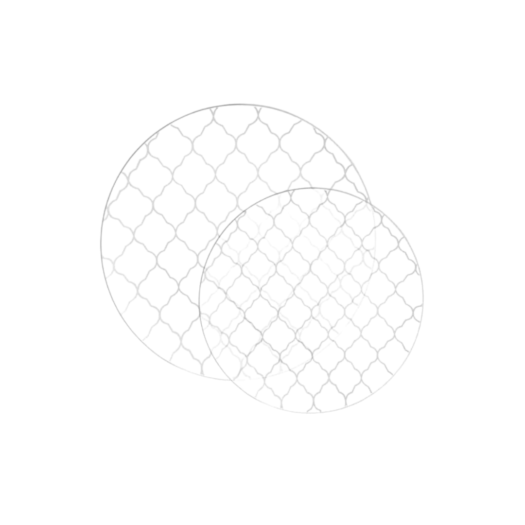 white lattice design round plates modern tableware for celebrations from Parte Haus party supply store in Bethesda Maryland