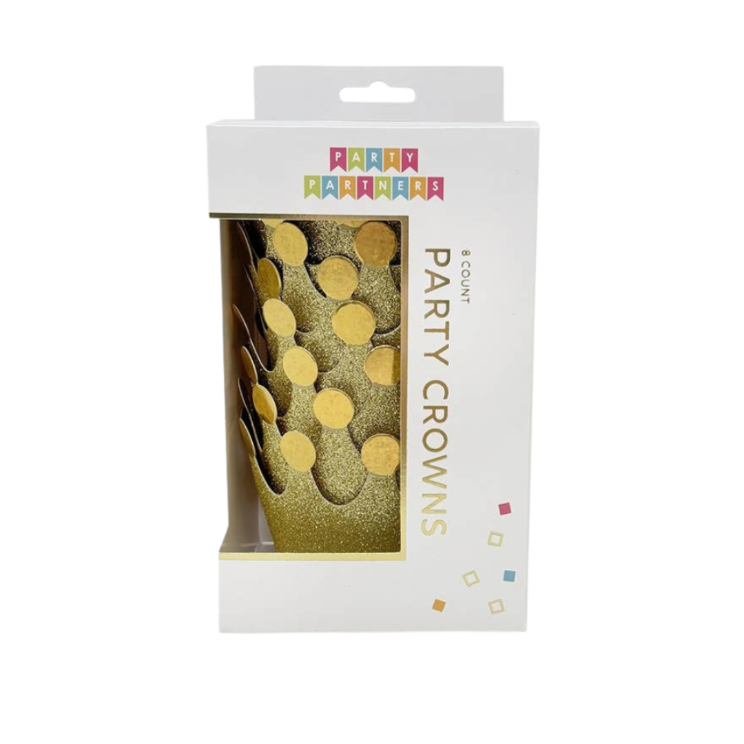 Gold glitter paper crowns in a white box for birthday celebration from Parte Haus party supply store in Bethesda MD.