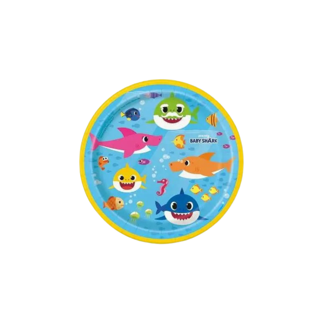 Blue Baby Shark paper plate with colorful sharks and sea animals kids birthday from Parte Haus party supply store in Bethesda MD
