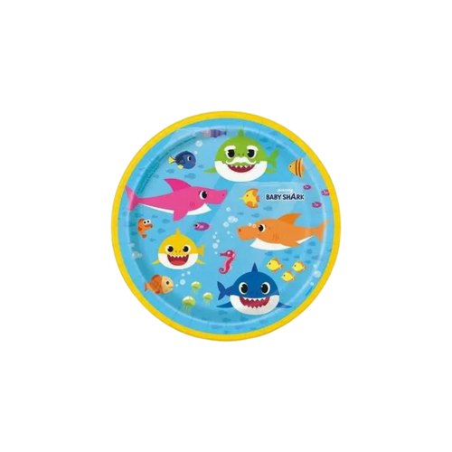 Blue Baby Shark paper plate with colorful sharks and sea animals kids birthday from Parte Haus party supply store in Bethesda MD