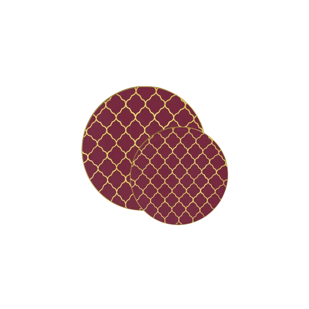 Burgundy and gold plates with lattice pattern elegant dinnerware for celebrations from Parte Haus party supply store in Bethesda Maryland