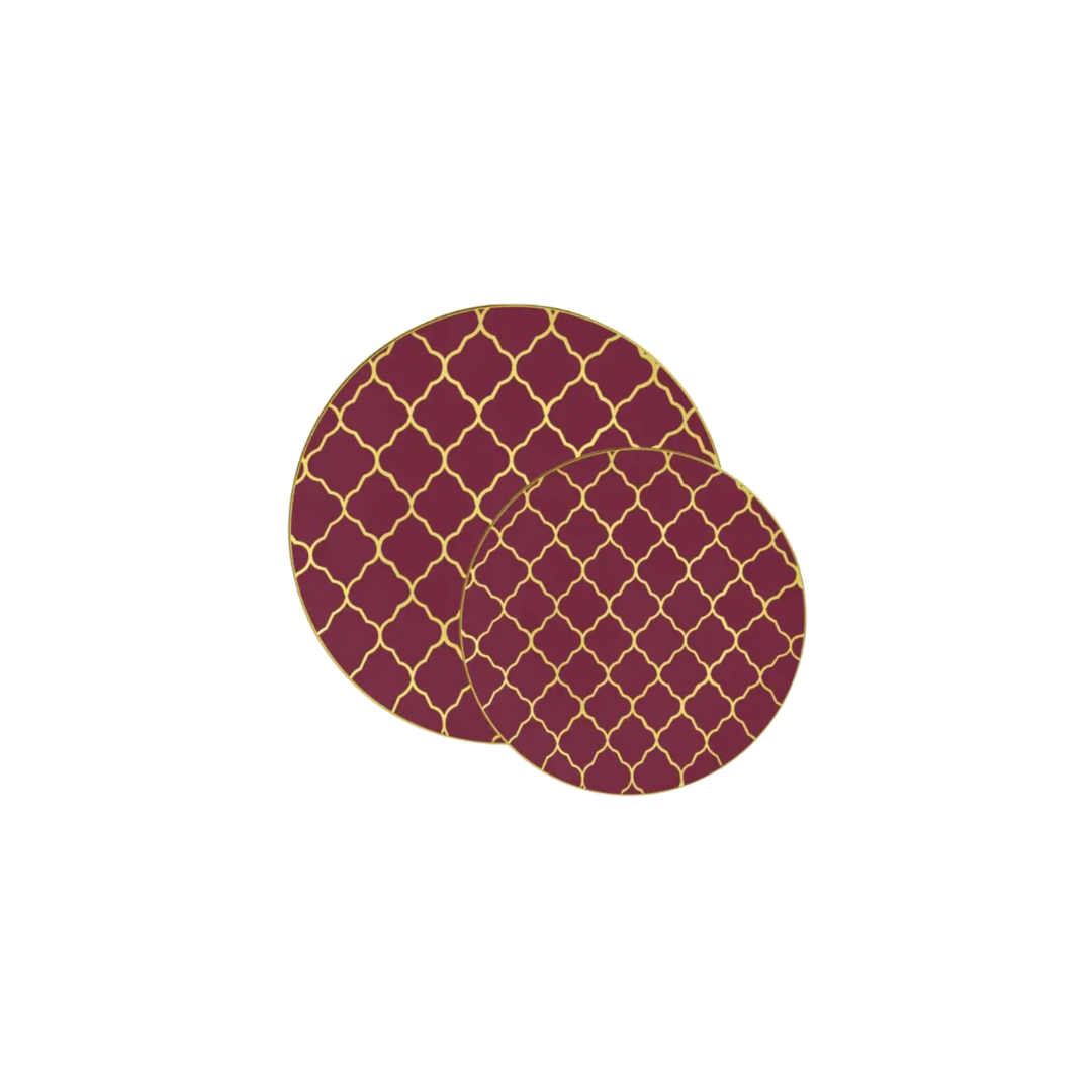 Burgundy and gold plates with lattice pattern elegant dinnerware for celebrations from Parte Haus party supply store in Bethesda Maryland